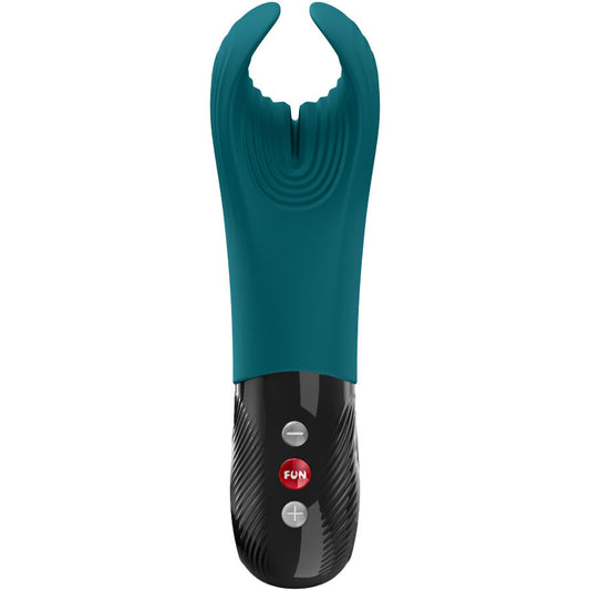 Vibromasseur couple vert en silicone avec embout ouvert texturé et boutons de contrôle vue de face sur fond blanc