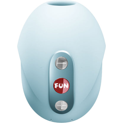 Fun Factory Seduction Air Pulse bleu clair, vue arrière montrant les boutons de commande intégrés et la surface lisse du silicone
