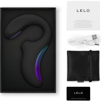 Contenu boîte Lelo Enigma Double Sonic noir – vibromasseur pochette satin câble chargeur notice garantie
