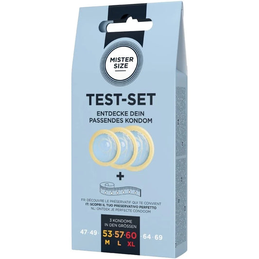 Coffret Mister Size Test-Set : 3 préservatifs 53, 57 et 60 mm (tailles M, L, XL) et un mètre ruban