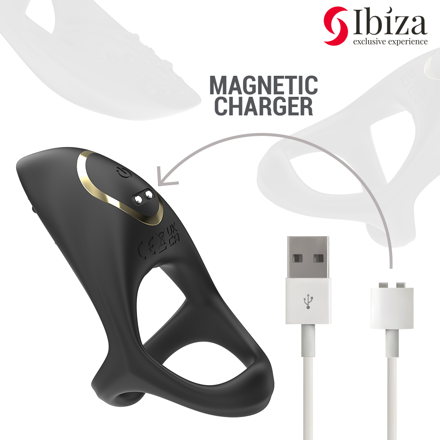 Anneau vibrant multisensoriel en silicone noir, design ergonomique avec anneau pénien et module vibrant externe, présenté avec câble de chargement USB