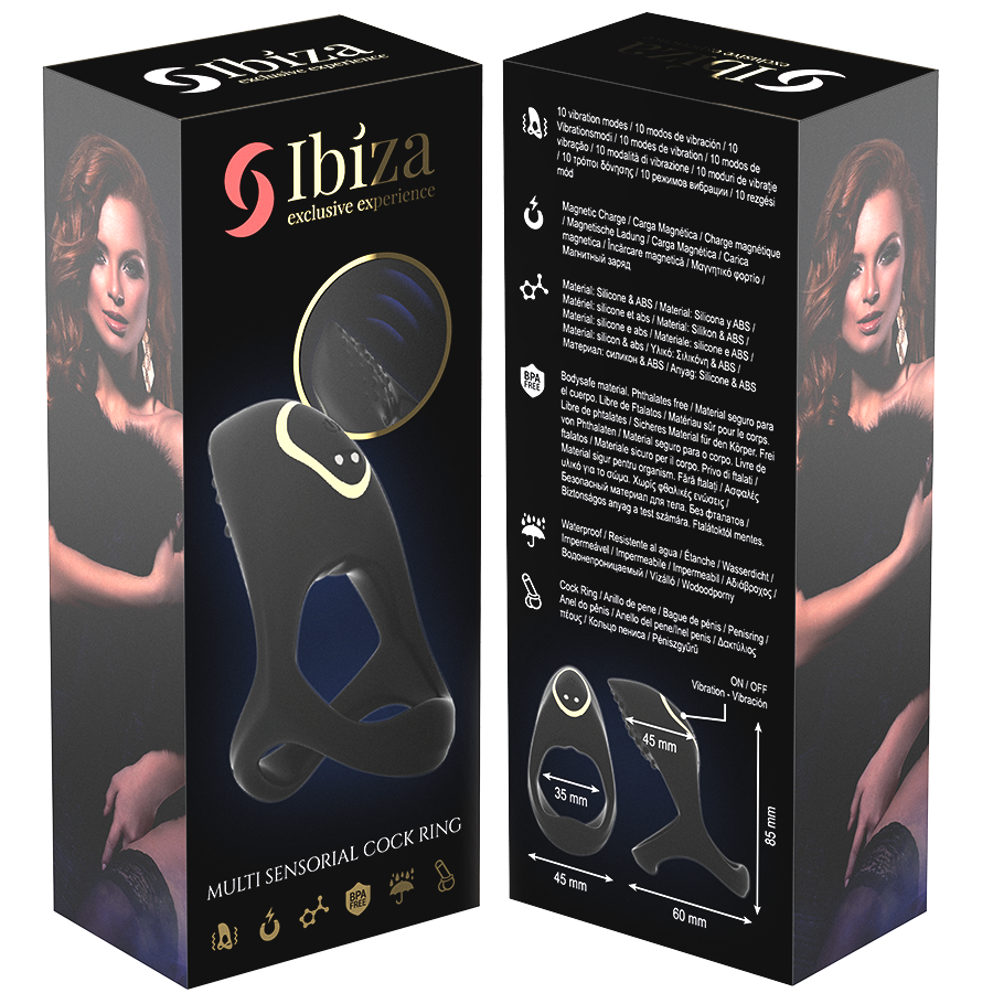 Packaging de l’anneau vibrant multisensoriel, vue de la boîte avec visuel du produit et informations principales