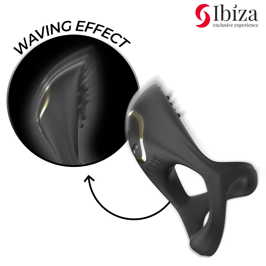 Anneau vibrant multisensoriel noir en silicone, vue rapprochée du module vibrant montrant la forme arrondie et l’intégration au harnais