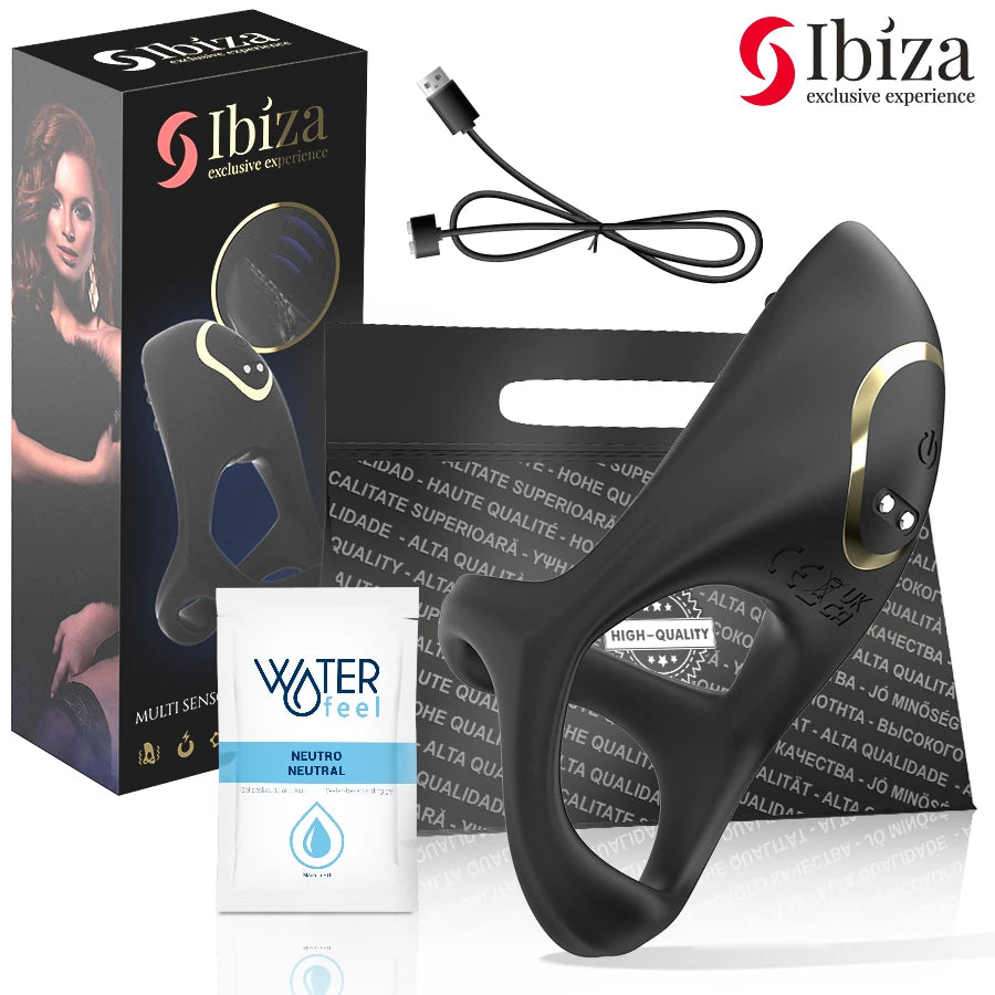 Anneau vibrant multisensoriel en silicone noir, design ergonomique avec anneau pénien et module vibrant externe, présenté avec câble de chargement USB