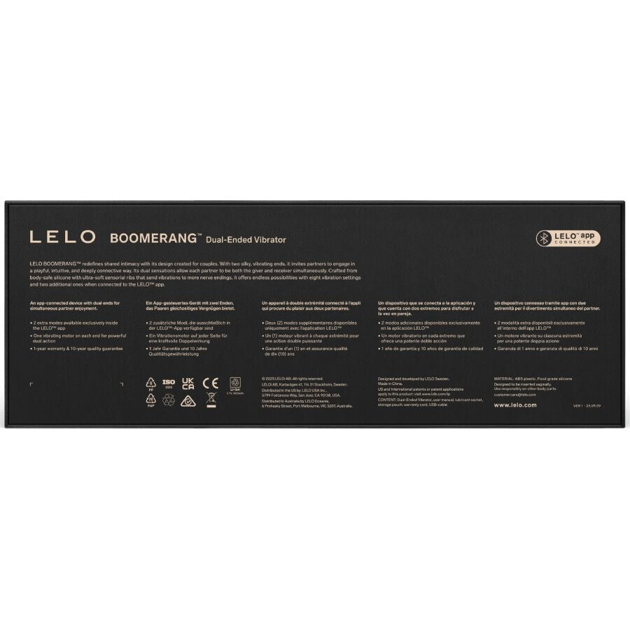 packaging vibromasseur couple LELO Boomerang silicone body-safe informations produit sécurité sextoy