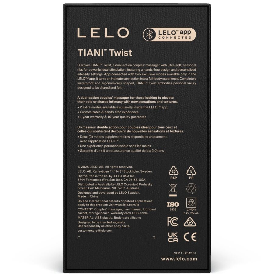 dos de boîte LELO TIANI Twist vibromasseur couple connecté avec application et caractéristiques produit