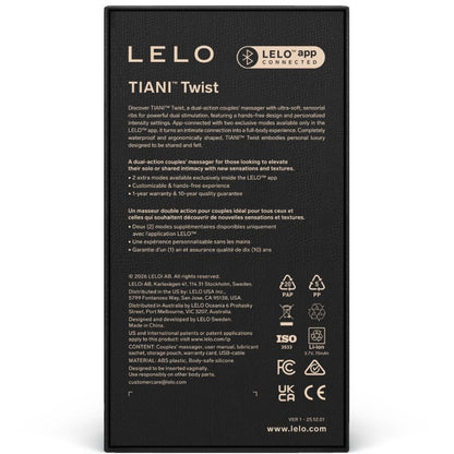 dos de boîte LELO TIANI Twist vibromasseur couple connecté avec application et caractéristiques produit
