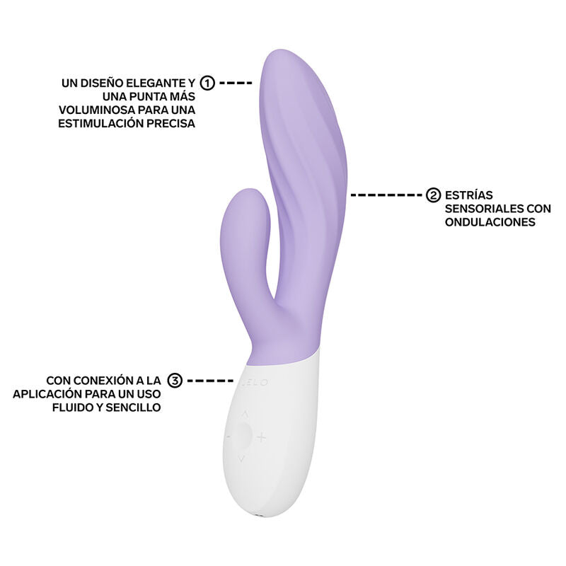 Vibromasseur rabbit lilas LELO Ina Wave avec schéma des fonctions