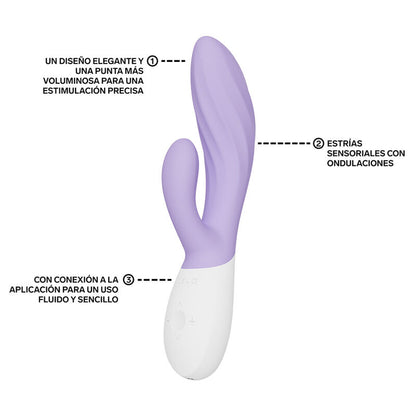 Vibromasseur rabbit lilas LELO Ina Wave avec schéma des fonctions