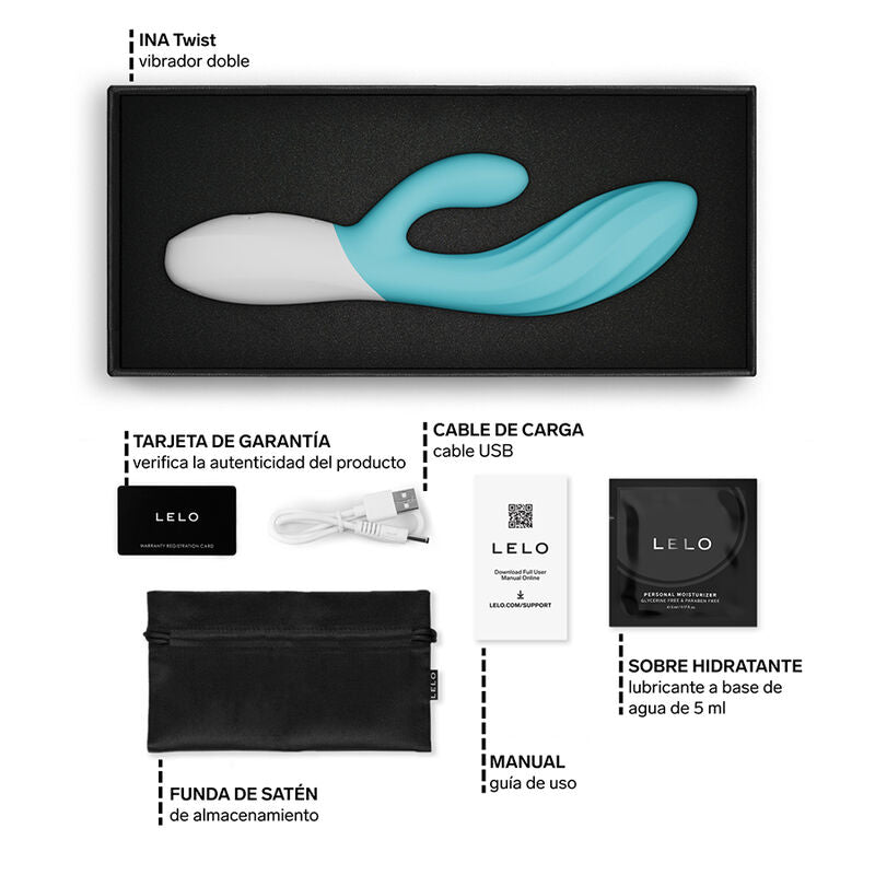 Contenu du coffret LELO Ina Wave : vibromasseur rabbit bleu, câble USB et notice