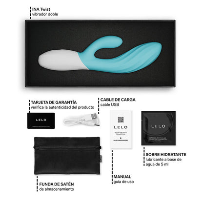 Contenu du coffret LELO Ina Wave : vibromasseur rabbit bleu, câble USB et notice