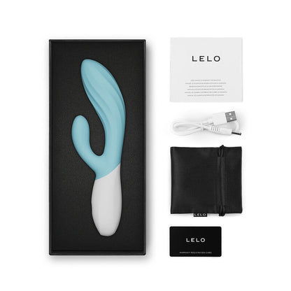 Vibromasseur rabbit bleu LELO Ina Wave avec son coffret et ses accessoires