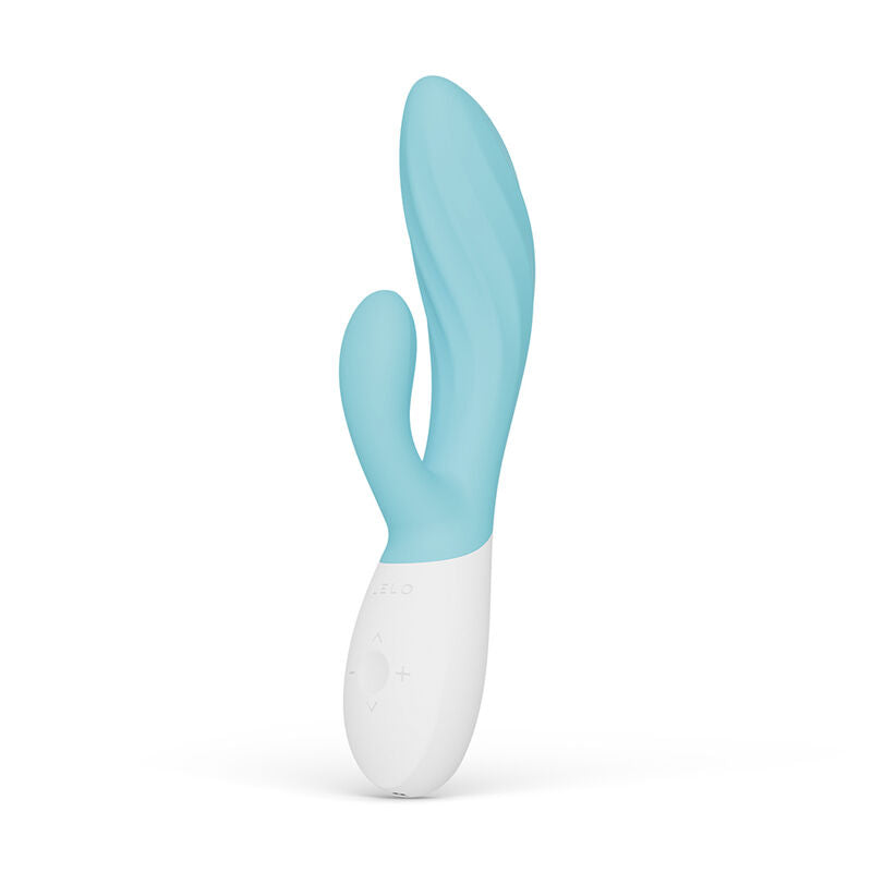 Vibromasseur rabbit bleu LELO Ina Wave vu de face, double stimulation point G et clitoris