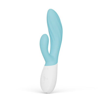 Vibromasseur rabbit bleu LELO Ina Wave vu de face, double stimulation point G et clitoris