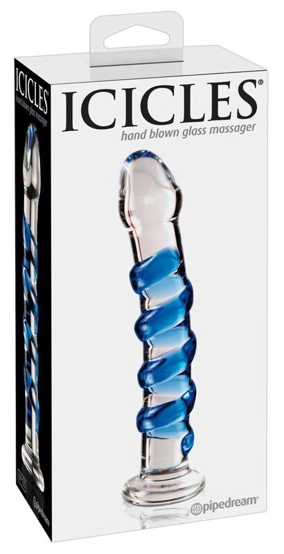Gode en verre soufflé Icicles Pipedream – packaging coffret masseur en verre spirale bleue hand blown glass