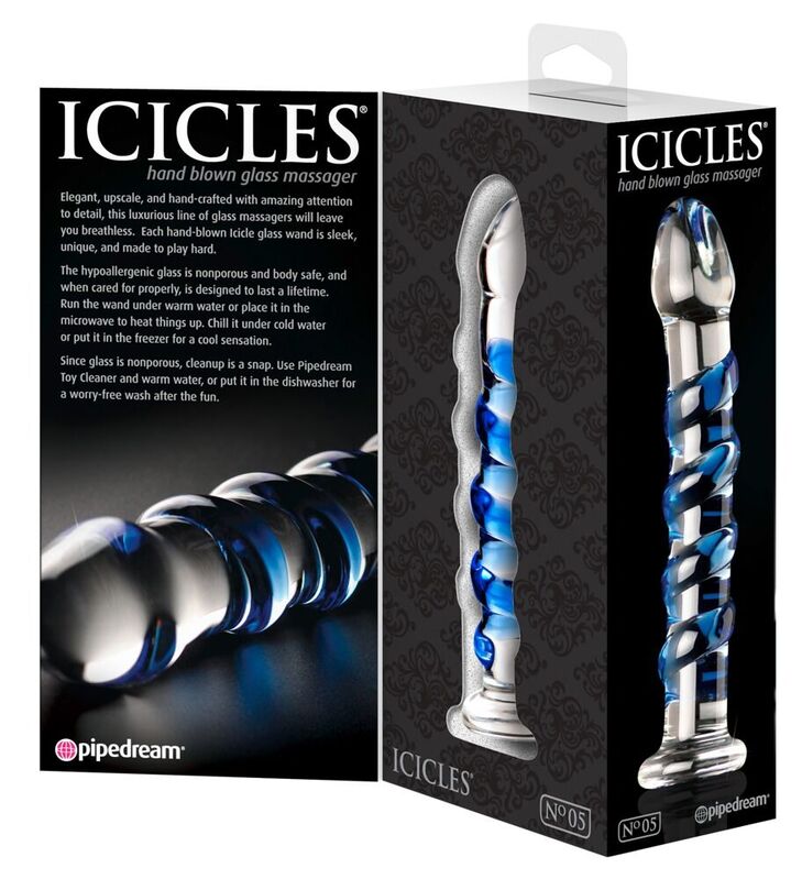 Icicles No.05 Pipedream – packaging dos et face masseur en verre soufflé spirale bleue hand blown glass body-safe