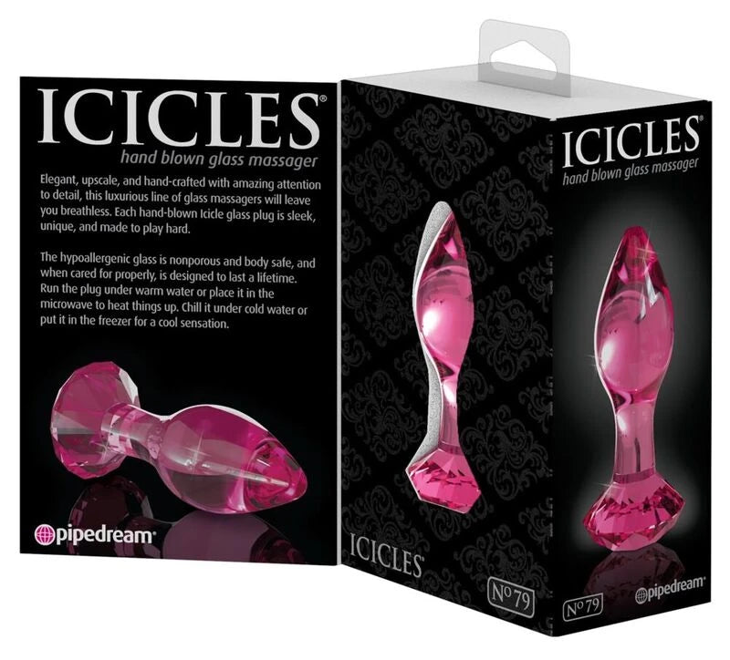 Icicles No.79 Pipedream – packaging dos et face plug anal en verre rose cristal facettes hand blown glass body-safe