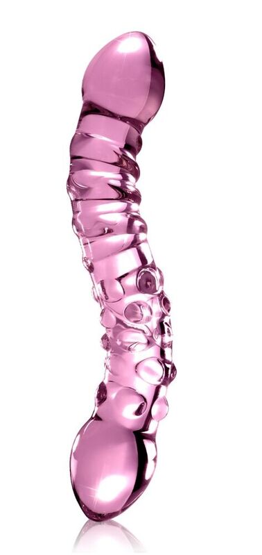 Gode en verre rose Icicles – double embout nervures et perles texturées courbé borosilicate body-safe
