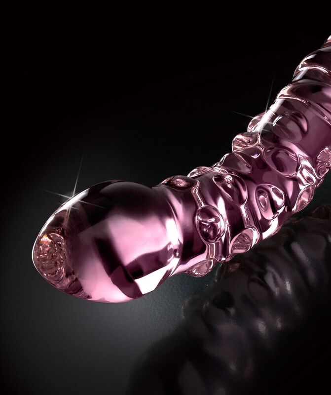 Icicles No.55 – détail macro embout bulbeux et perles texturées en verre rose borosilicate body-safe