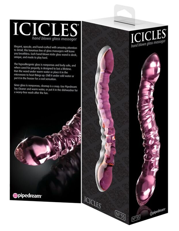 Icicles No.55 Pipedream – packaging dos et face gode en verre rose texturé double embout hand blown glass body-safe
