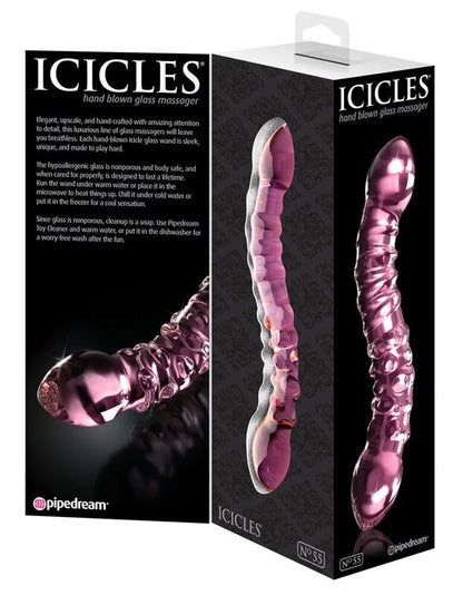 Icicles No.55 Pipedream – packaging dos et face gode en verre rose texturé double embout hand blown glass body-safe
