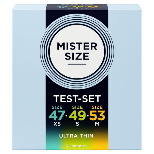 Kit Mister Size de trois préservatifs de tailles différentes, largeurs 47, 49 et 53 mm