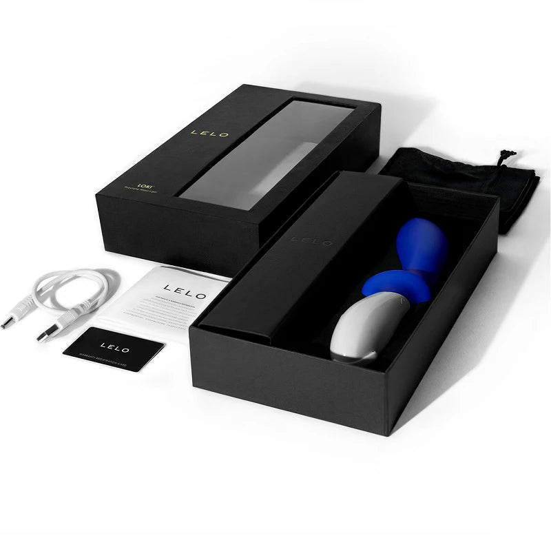 Coffret LELO premium avec stimulateur prostatique bleu rechargeable, câble USB et pochette – idée cadeau élégante