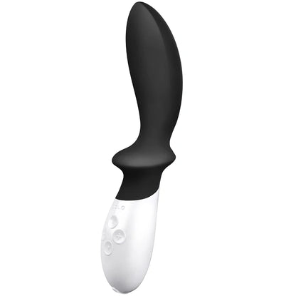 Stimulateur prostatique LELO noir et blanc en silicone médical avec design ergonomique incurvé et commandes intégrées 