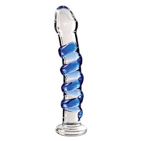 Gode en verre spirale bleue Icicles – vue de face nervures hélicoïdales et base évasée borosilicate