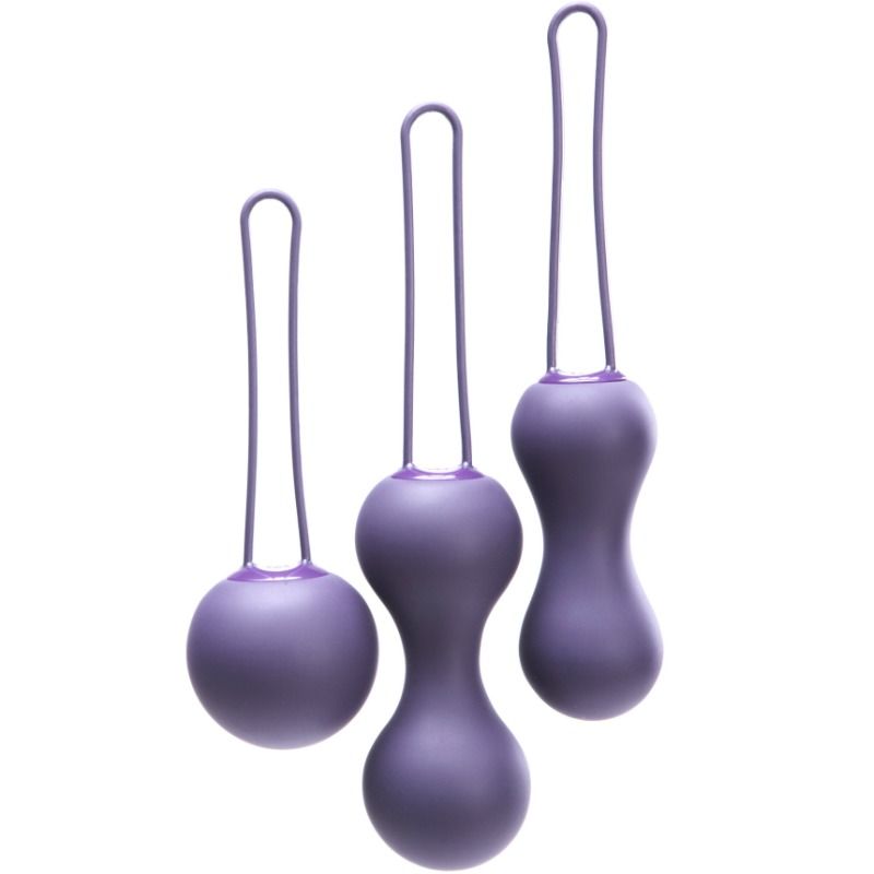 Trois boules de Geisha violettes en silicone avec formes progressives et longues tiges de retrait