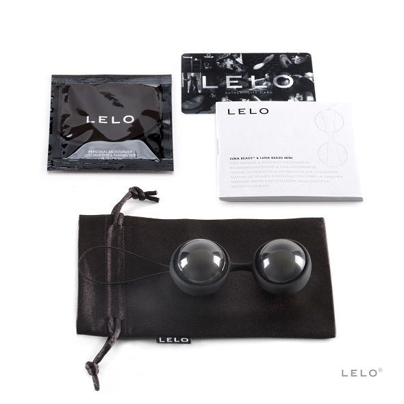 Coffret LELO ouvert avec boules noires, cordon, pochette et documentation