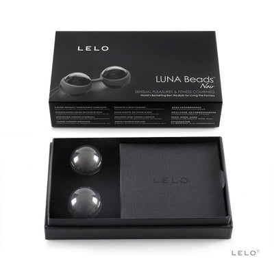 Boîte noire LELO Luna Beads avec deux boules métalliques et coffret ouvert noir