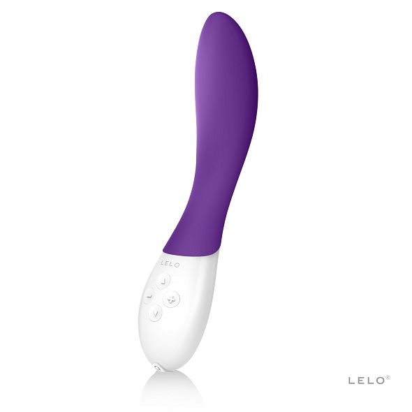 Vibromasseur LELO violet et blanc en silicone ergonomique avec boutons de contrôle intégrés vue de face sur fond blanc