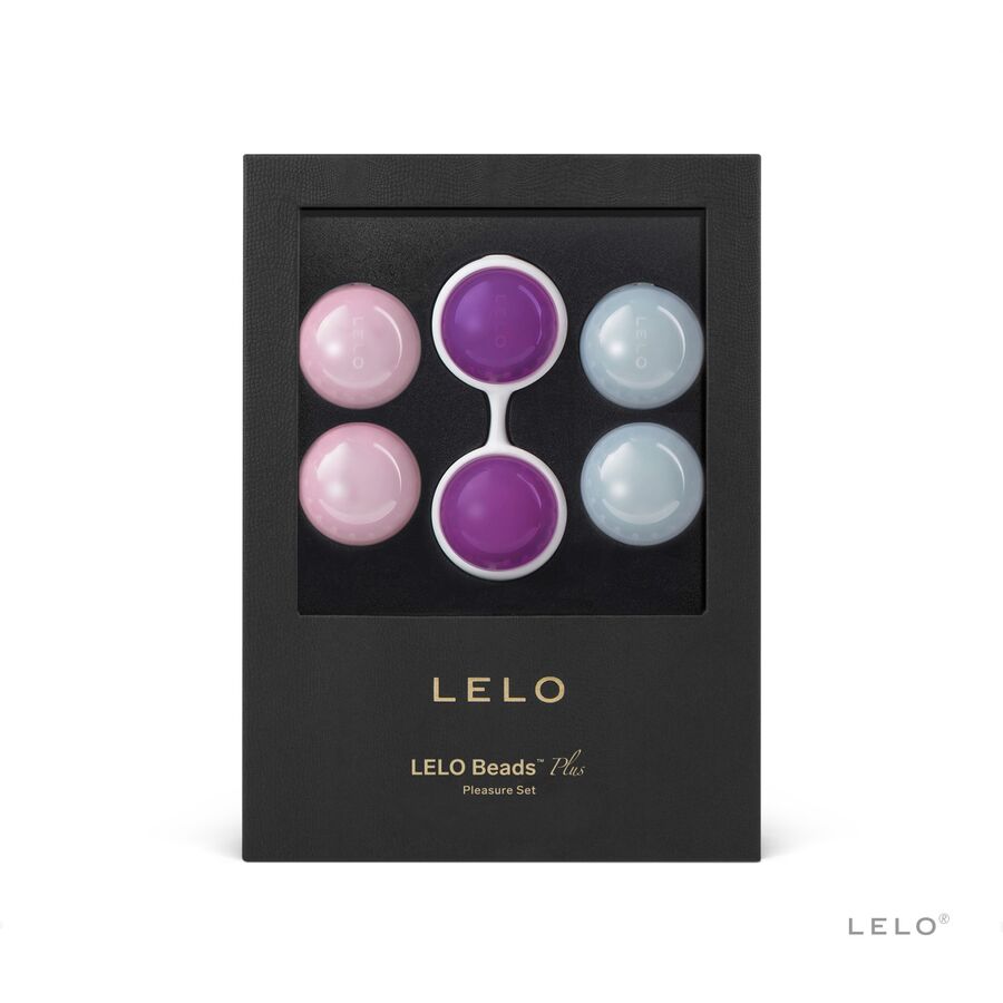Boîte noire LELO Luna Beads contenant six boules pastel rose, violet et bleu disposées côte à côte