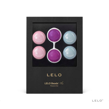 Boîte noire LELO Luna Beads contenant six boules pastel rose, violet et bleu disposées côte à côte