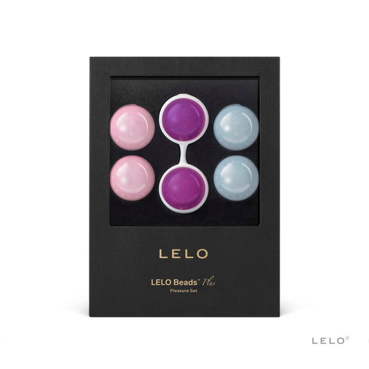 Boîte noire LELO Luna Beads contenant six boules pastel rose, violet et bleu disposées côte à côte