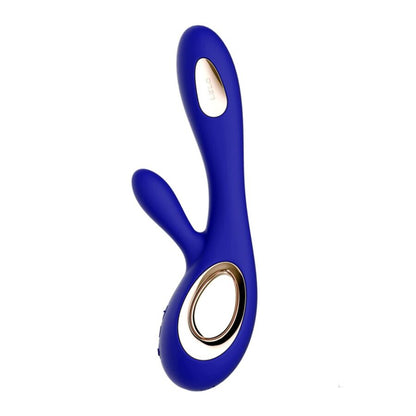 Vibromasseur rabbit bleu LELO en silicone avec insert métallique doré et double stimulation vue de face sur fond blanc