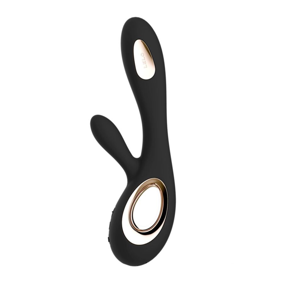 Vibromasseur rabbit noir LELO en silicone avec insert métallique doré et double stimulation vue de face sur fond blanc