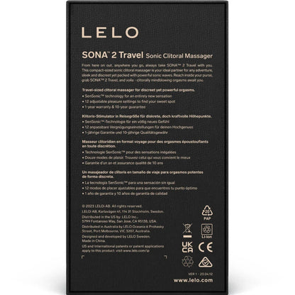 Vue arrière de la boîte du stimulateur clitoridien LELO Sona 2 Travel avec descriptif multilingue