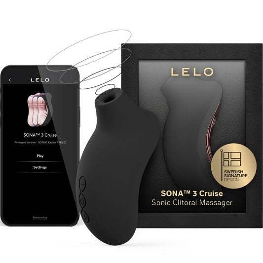 Stimulateur clitoridien LELO 3 Cruise noir avec application mobile affichée sur smartphone et packaging