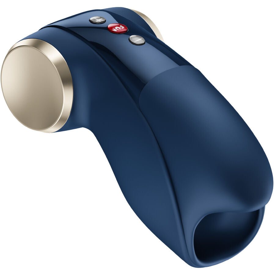 Masturbateur masculin bleu en silicone vue inclinée avec boutons de contrôle et bases latérales métalliques sur fond blanc