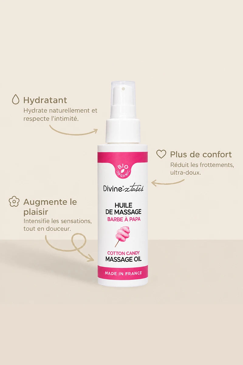 Gamme huiles de massage bio gourmandes Divinextases — fabriquées en France ingrédients naturels comestibles