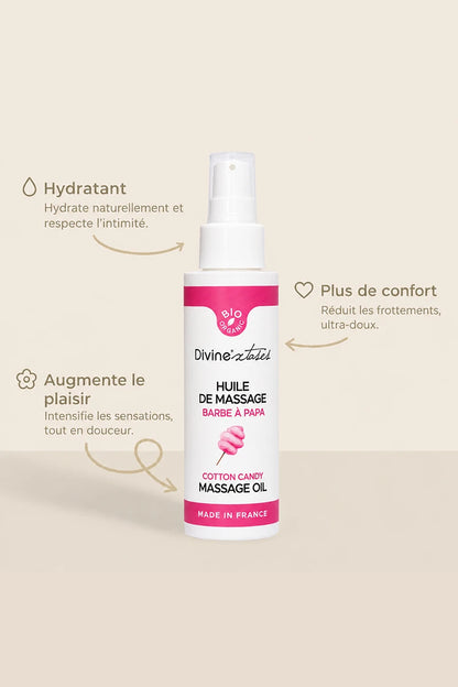 Gamme huiles de massage bio gourmandes Divinextases — fabriquées en France ingrédients naturels comestibles