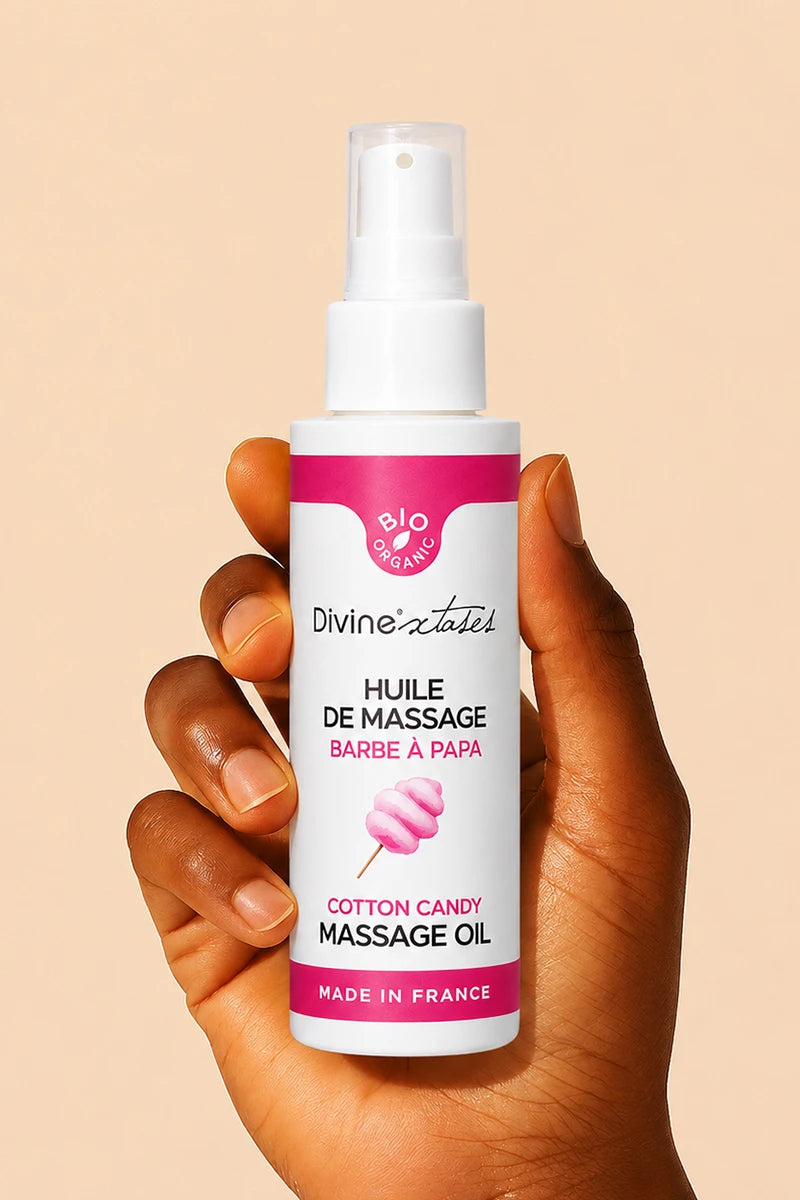 Huile de massage bio Divinextases made in France — texture légère comestible et parfumée