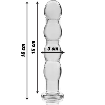 Dimensions du gode anal en verre transparent avec longueur totale 16 cm et diamètre 3 cm