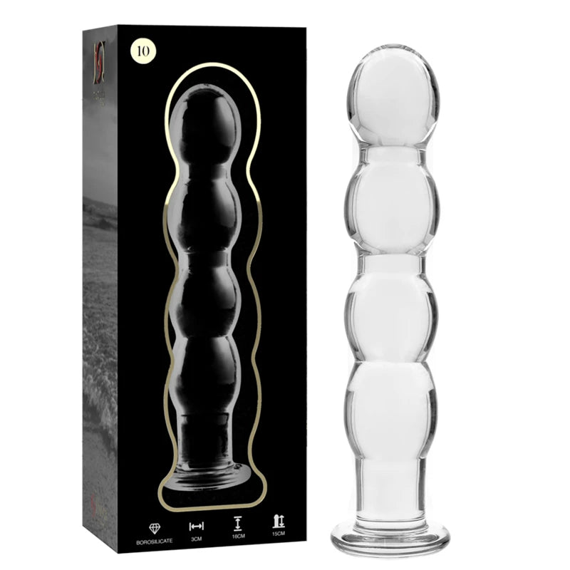 Gode anal en verre transparent avec base évasée présenté avec sa boîte sur fond blanc