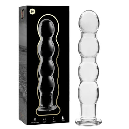 Gode anal en verre transparent avec base évasée présenté avec sa boîte sur fond blanc