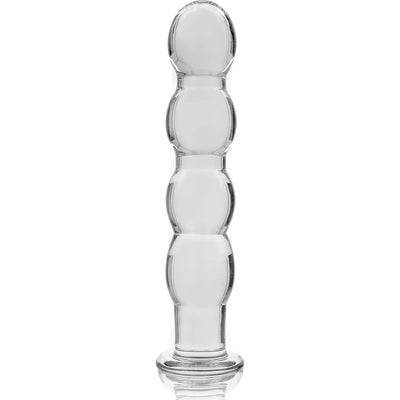 Gode anal en verre transparent texturé avec base évasée de sécurité vue de face sur fond blanc