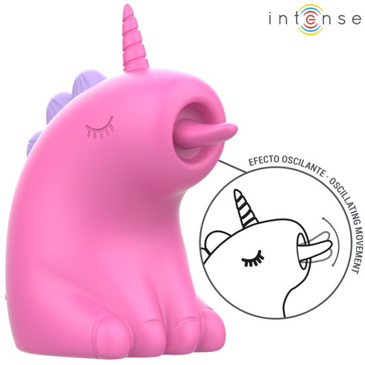 Stimulateur clitoridien rose en silicone doux en forme de licorne, design compact, tête avec ouverture de stimulation et petite corne décorative et langue vibrante