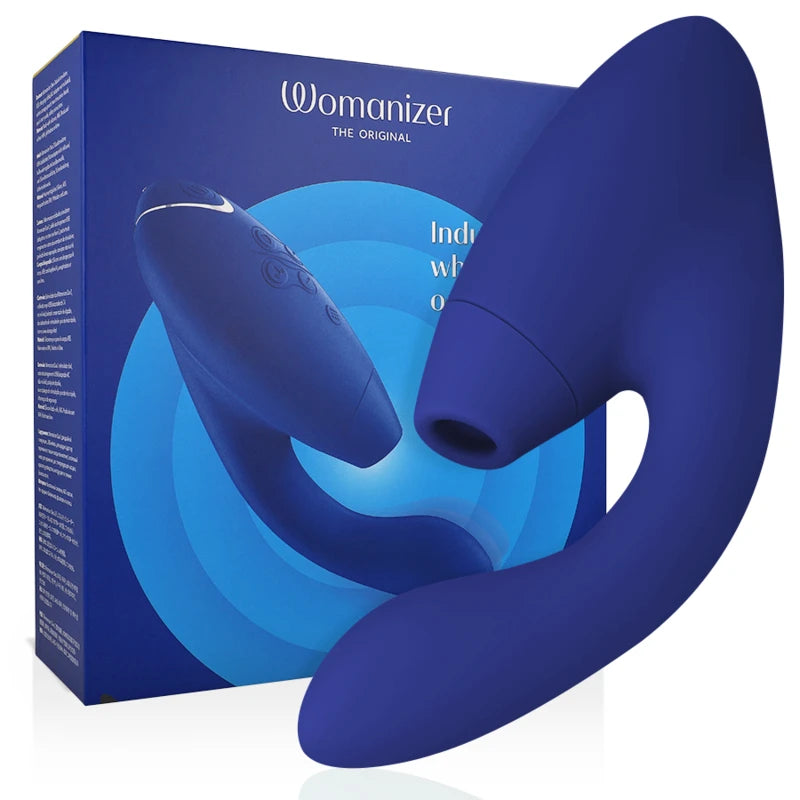 Womanizer Duo 2 bleu avec packaging vibromasseur rabbit stimulation clitoridienne air pulsé et point G